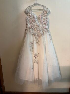 Tiffany Designs White Tulle Dress with Pink & Silver Floral Appliques